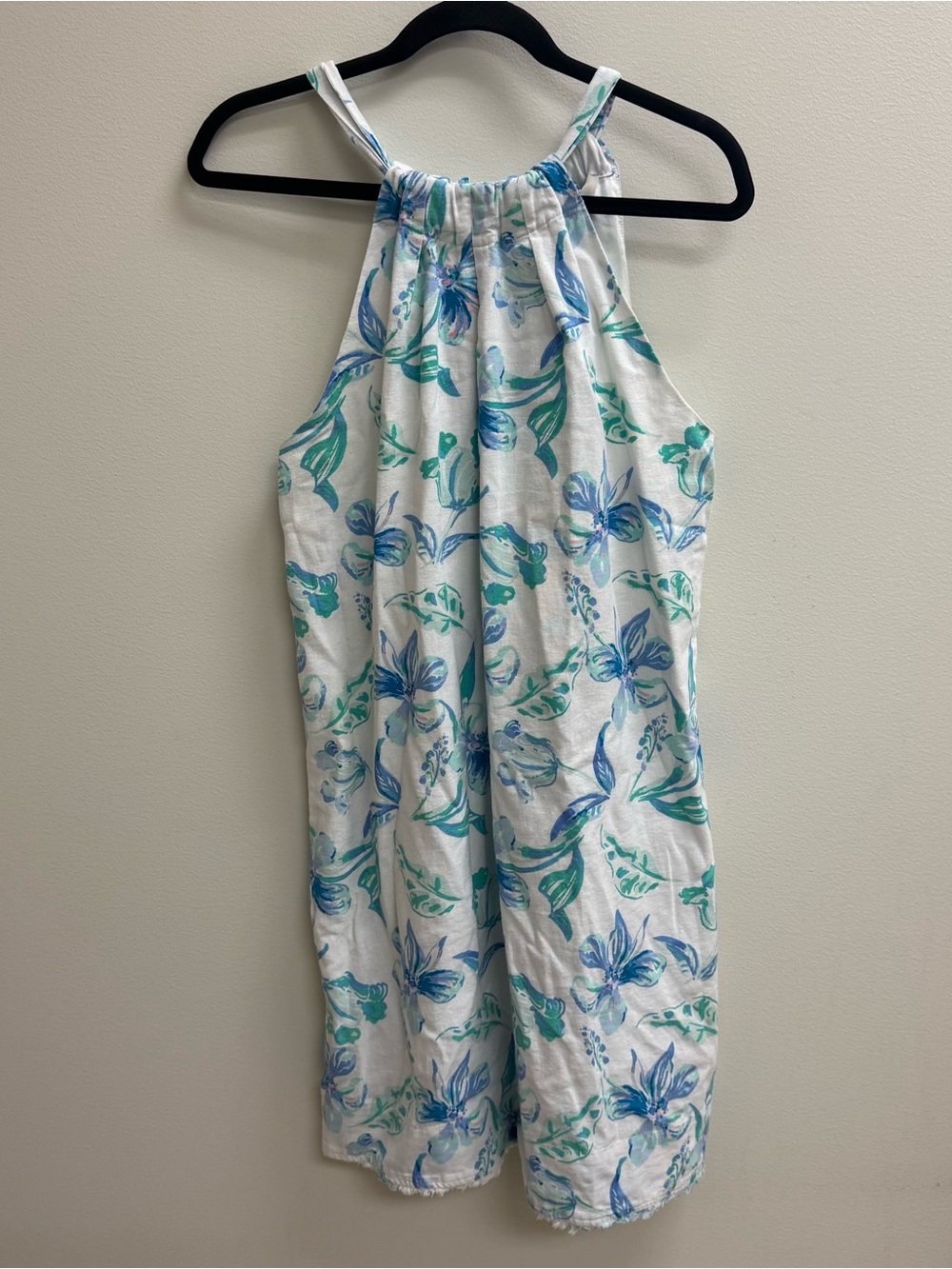 Charlie Paige Linen Halter Dress Sleeveless Floral White Blue Green Large